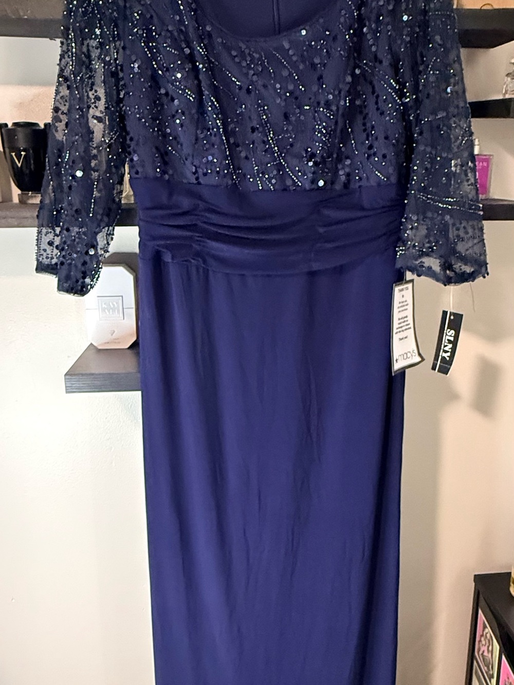 SLNY Navy Beaded Long Sleeve Evening Gown